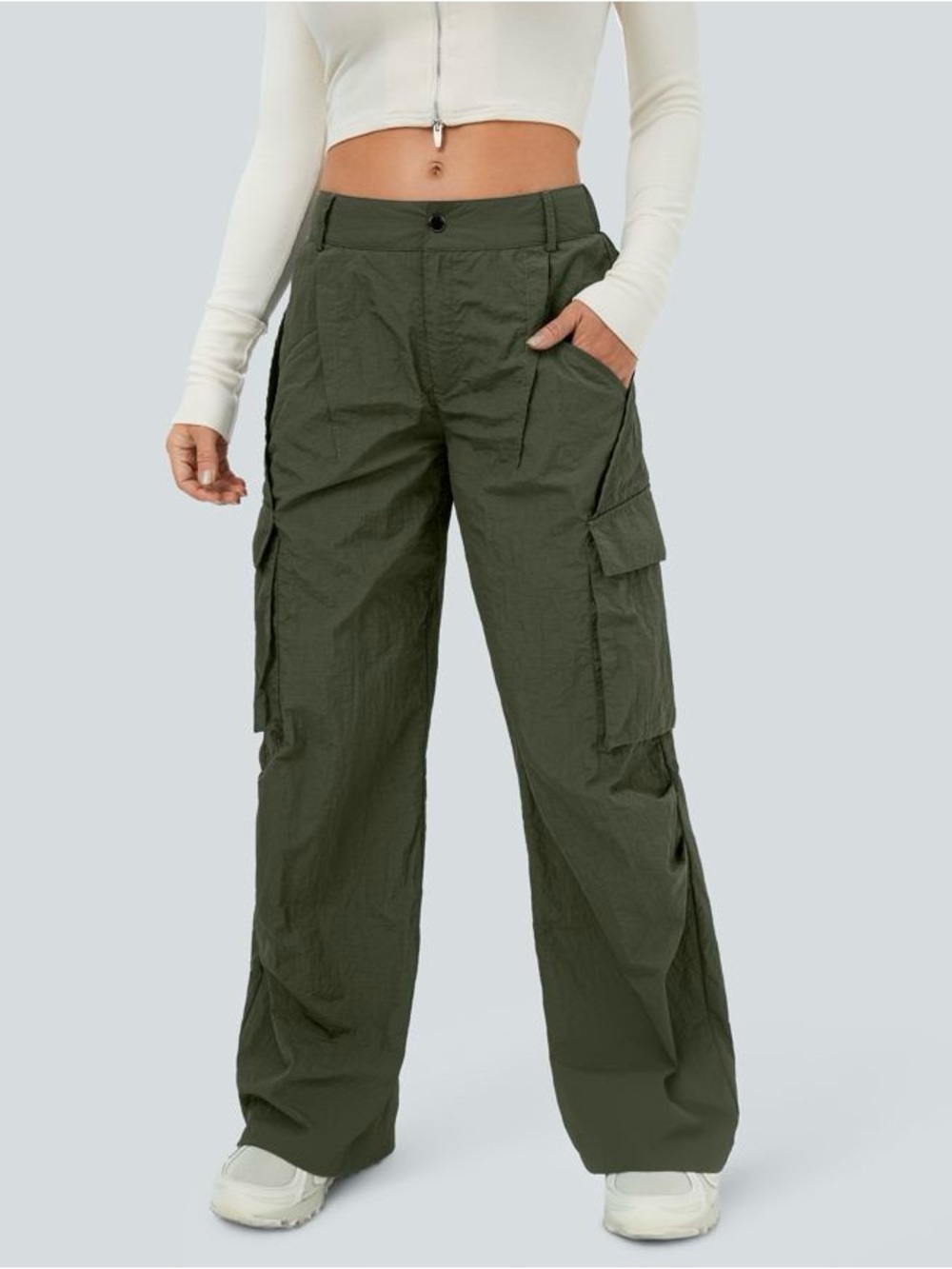 01HAL.- Mid Rise Button Zipper Side Pocket Wide Leg Baggy Casual Cargo Pants.
